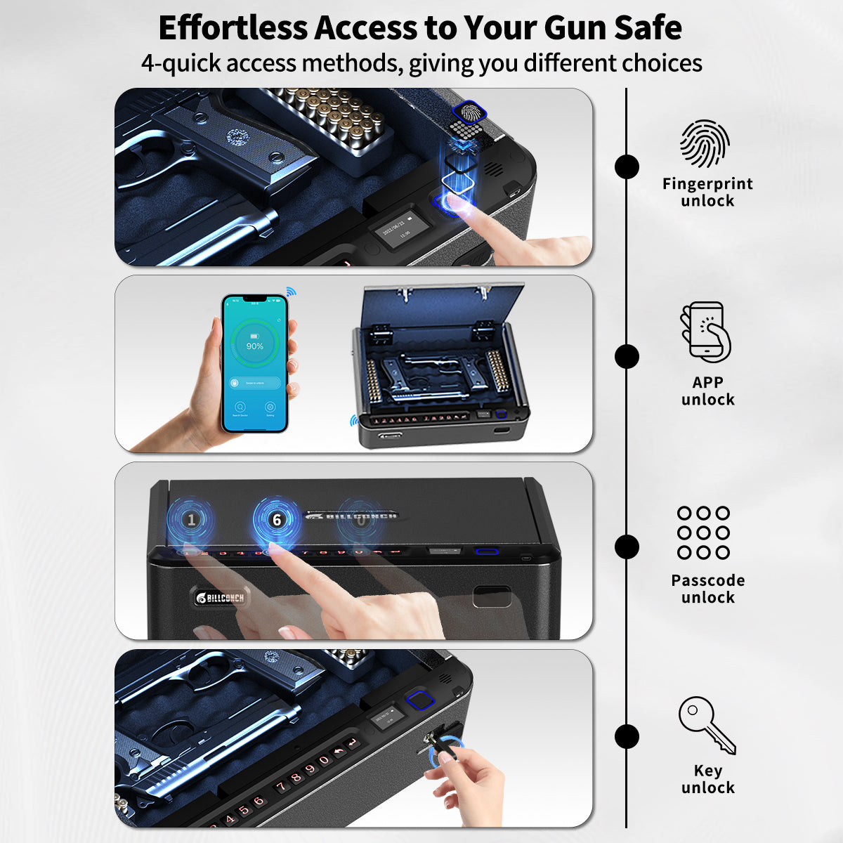 BILLCONCH Gun Safe for Pistols - Biometric Gun Safe 4 Ways Quick Access