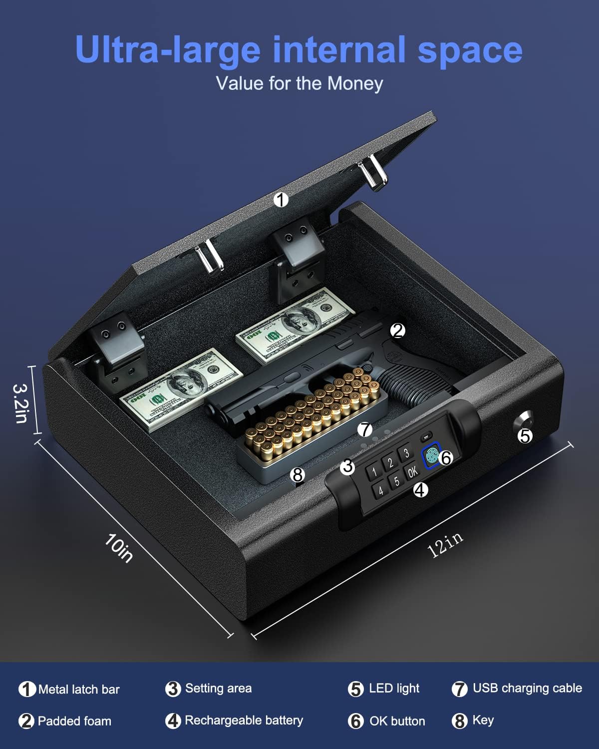 BILLCONCH Gun Safe, A1 Biometric Gun Safe for Handgun 3-Ways unlock Safe
