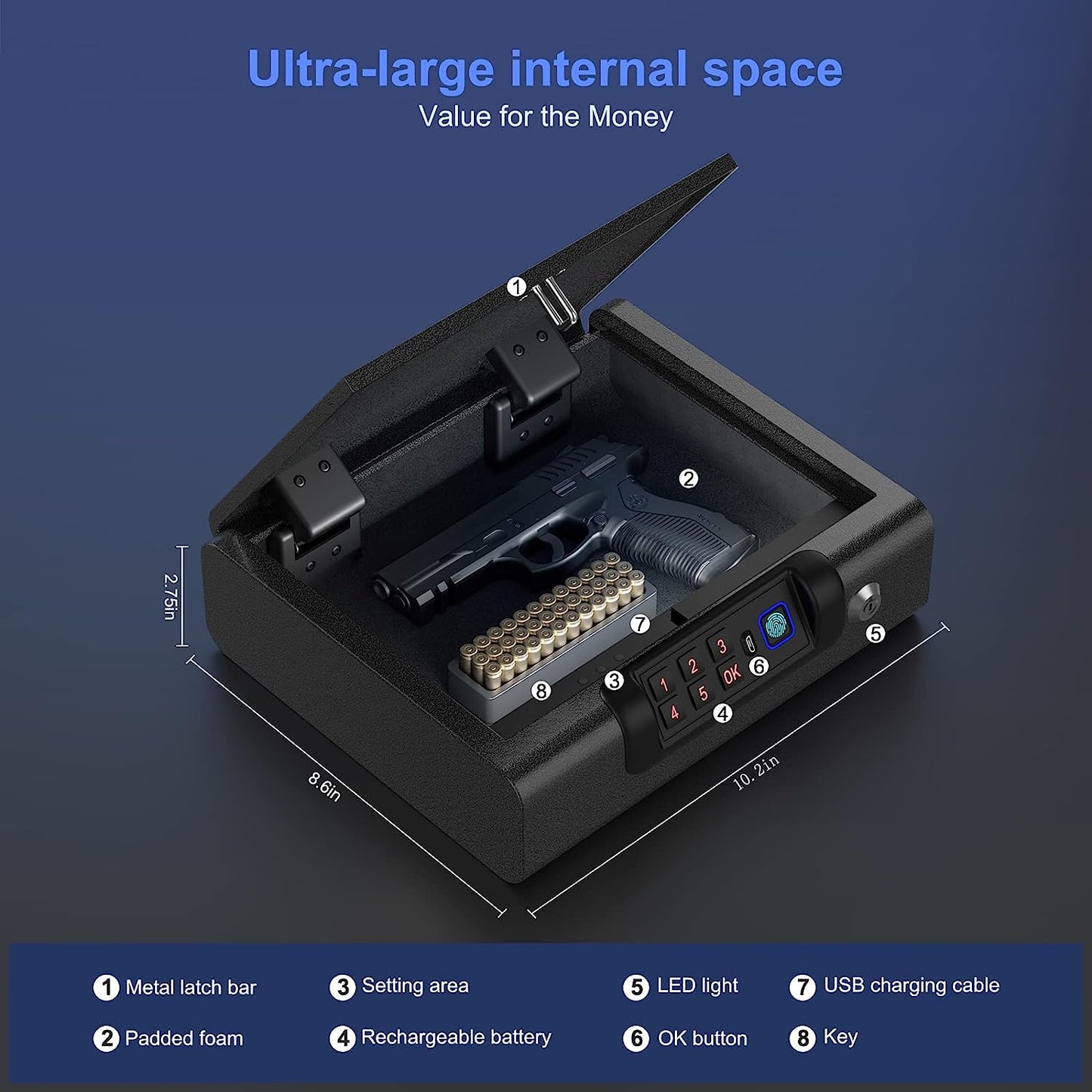 BILLCONCH Gun Safe, A2 Biometric Gun Safe for Pistols 3-Ways unlock Safe