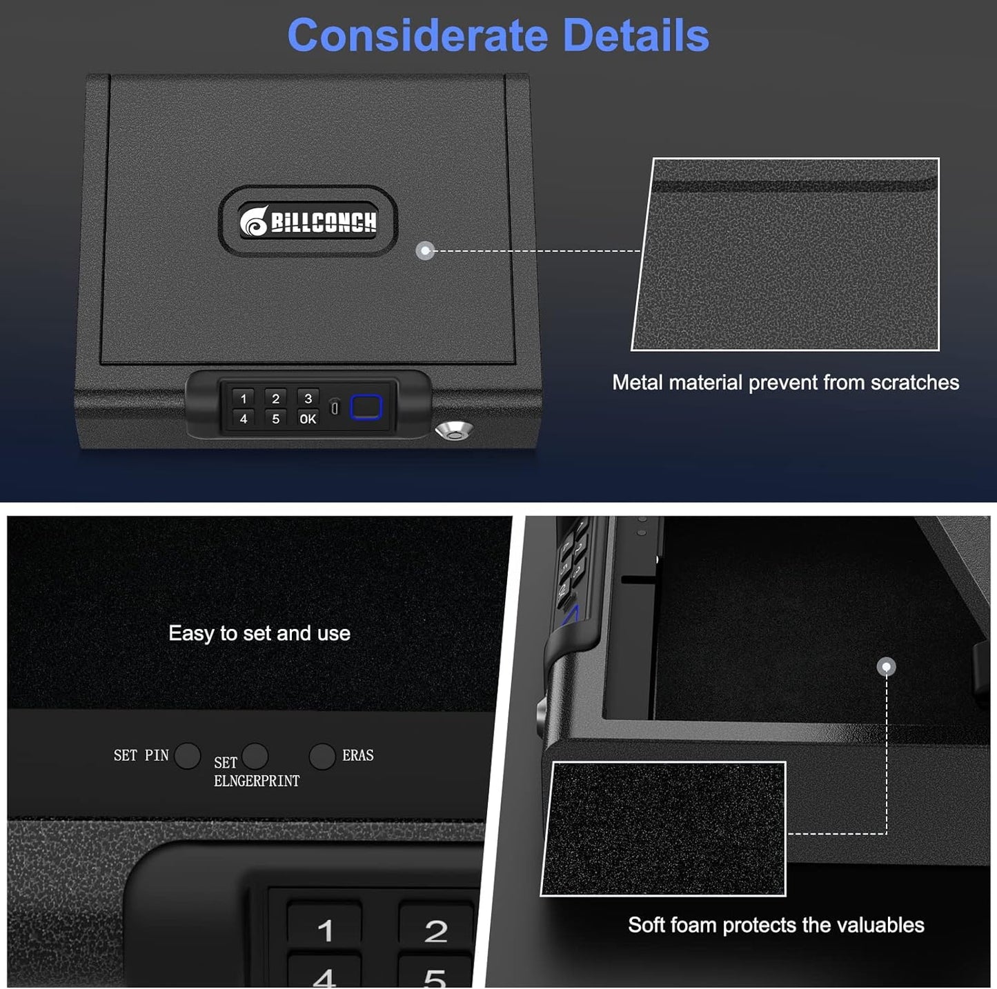 BILLCONCH Gun Safe, A2 Biometric Gun Safe for Pistols 3-Ways unlock Safe